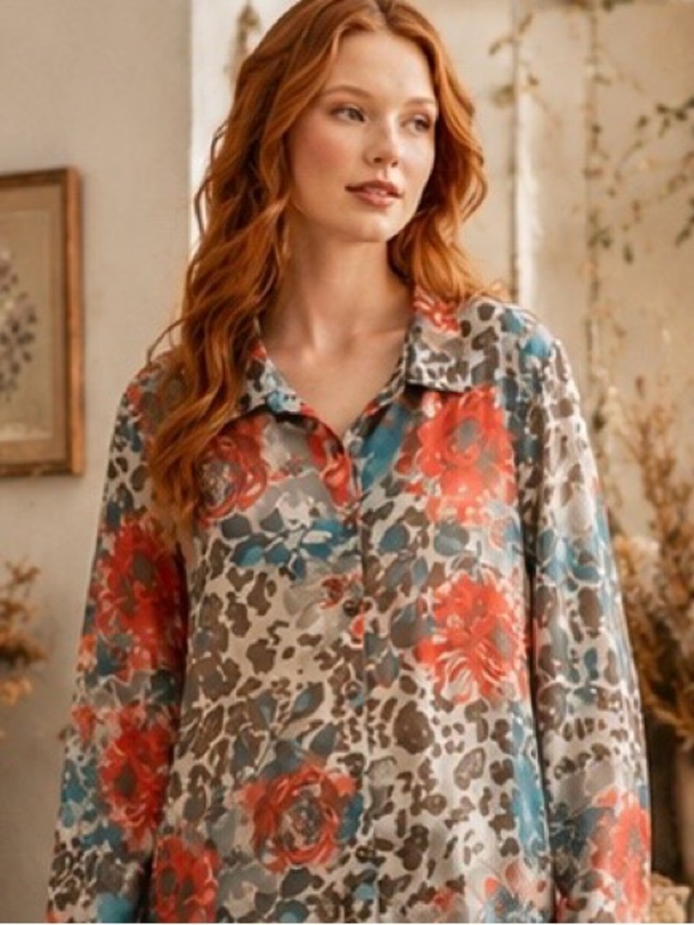 Multiples Floral Leopard Print Tunic Blouse | Boho Cottagecore | Hi Low Top | XL